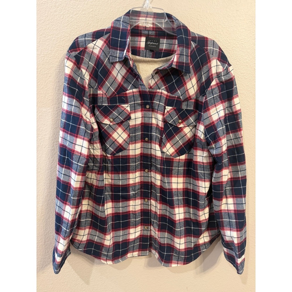 Jachs Girlfriend Plaid Shirt Women XL Red White Blue Excellent Faux Fur Lined